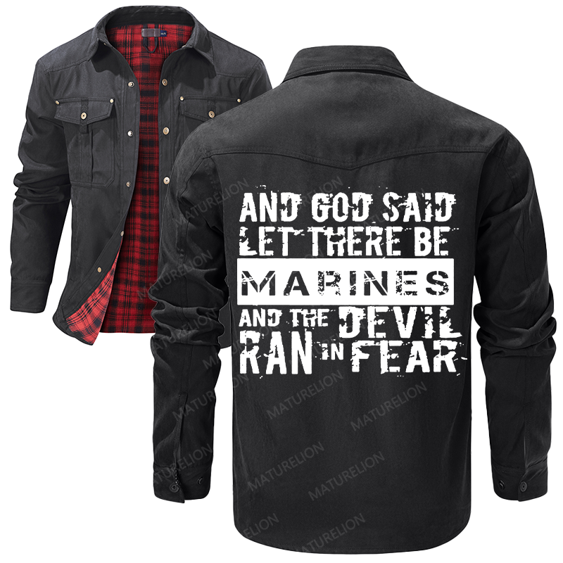 Maturelion Men's Shirt Jacket And God Said Let There Be Marines And The Devil Ran In Fear Flannel Shirt Jacket