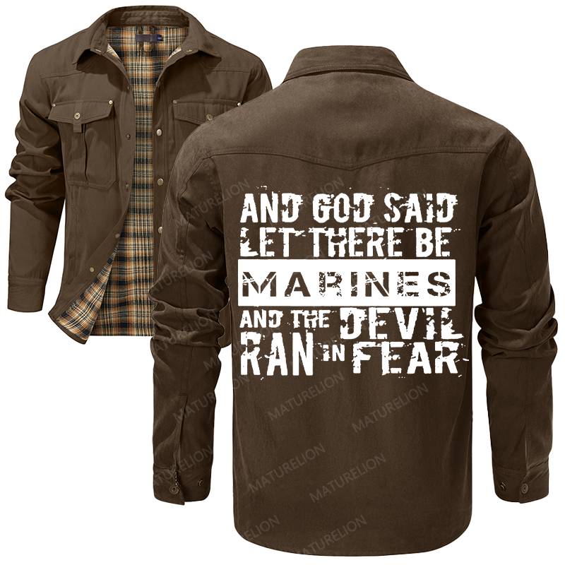 Maturelion Men's Shirt Jacket And God Said Let There Be Marines And The Devil Ran In Fear Flannel Shirt Jacket