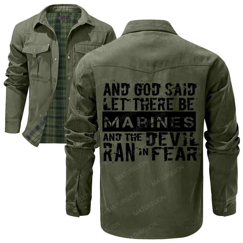 Maturelion Men's Shirt Jacket And God Said Let There Be Marines And The Devil Ran In Fear Flannel Shirt Jacket