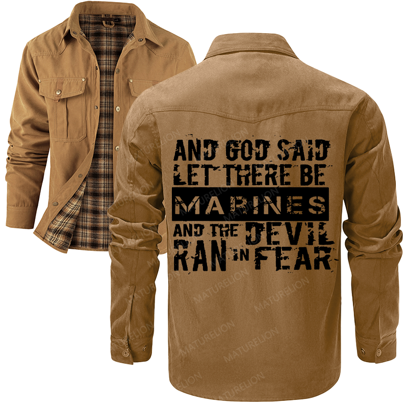 Maturelion Men's Shirt Jacket And God Said Let There Be Marines And The Devil Ran In Fear Flannel Shirt Jacket
