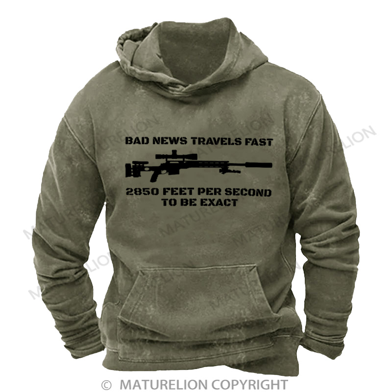 Maturelion Men's Hoodie Bad News Sniper Rifle Army Joke Military DTG Washed Hoodie-Maturelion