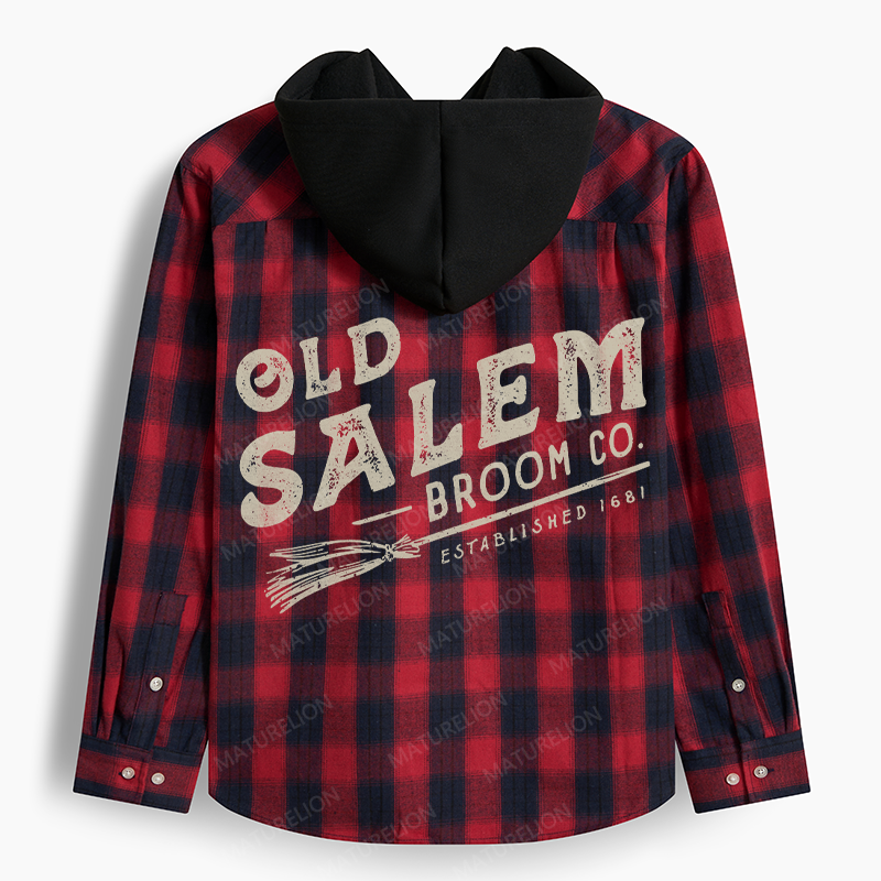 Maturelion Men's Flannel Shirt Old Salem Broom Co Hooded Flannel Shirt
