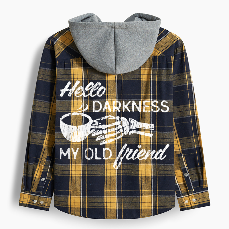 Maturelion Men's Flannel Shirt Hello Darkness My Old Friend Hooded Flannel Shirt