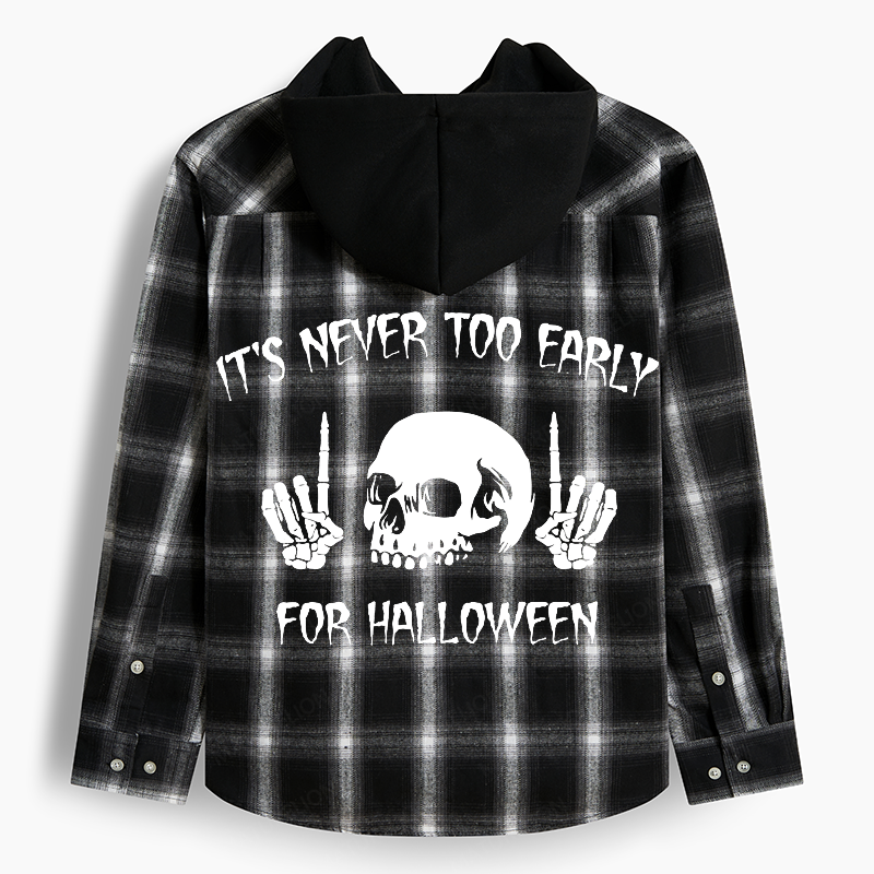 Maturelion Men's Flannel Shirt It's Never Too Early For Halloween Hooded Flannel Shirt