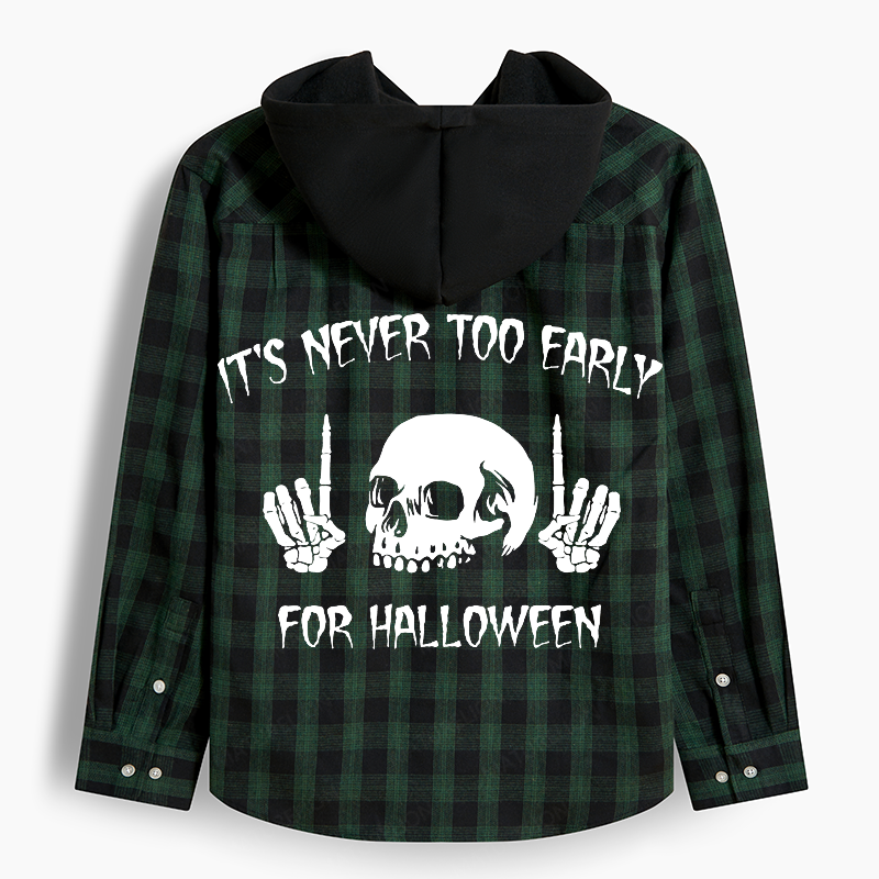 Maturelion Men's Flannel Shirt It's Never Too Early For Halloween Hooded Flannel Shirt
