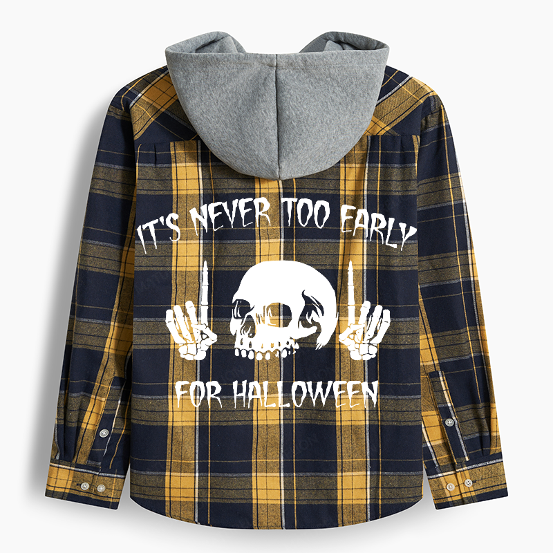 Maturelion Men's Flannel Shirt It's Never Too Early For Halloween Hooded Flannel Shirt