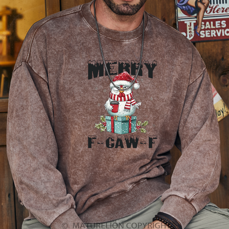 Maturelion Men's Sweatshirt Vintage Santa Chicken Washed Sweatshirt