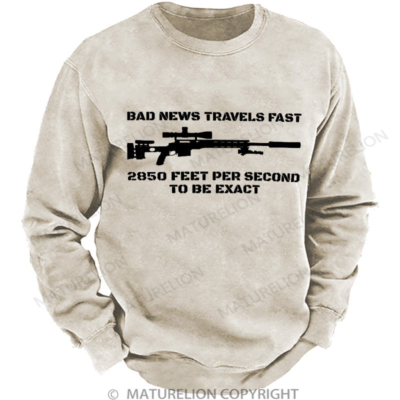 Maturelion Men's Sweatshirt Bad News Sniper Rifle Army Joke Military DTG Washed Sweatshirt