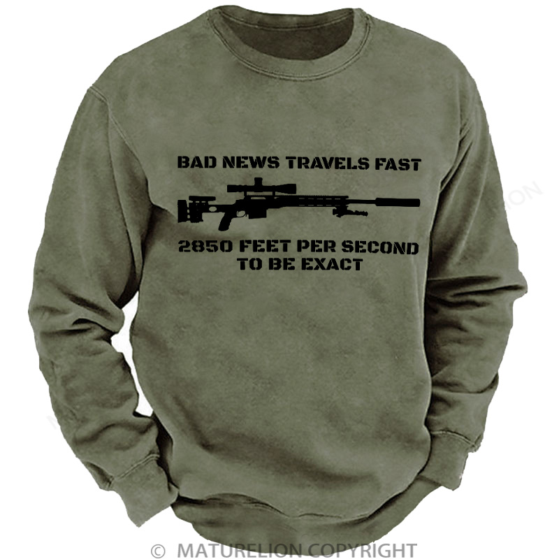 Maturelion Men's Sweatshirt Bad News Sniper Rifle Army Joke Military DTG Washed Sweatshirt