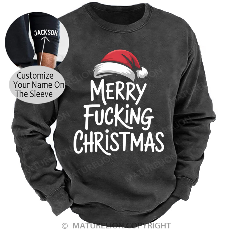 Maturelion Men's Sweatshirt Merry Fucking Christmas Inappropriate Santa DTG Washed Sweatshirt