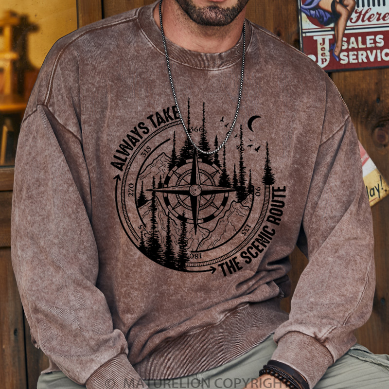 Maturelion Men's Sweatshirt Always Take The Scenic Route Washed Sweatshirts