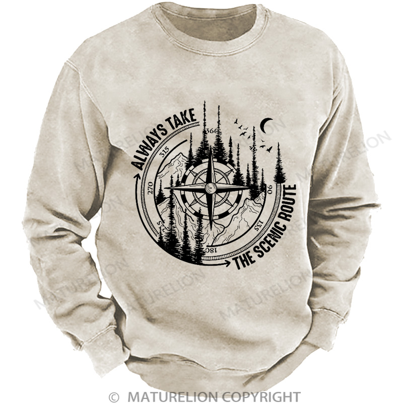 Maturelion Men's Sweatshirt Always Take The Scenic Route Washed Sweatshirts