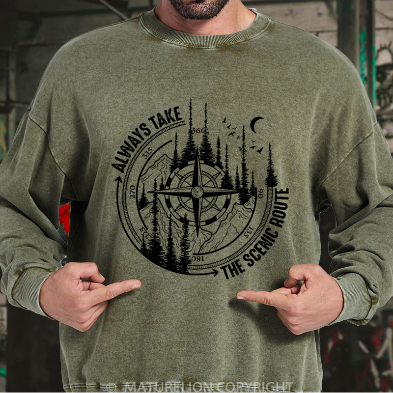 Maturelion Men's Sweatshirt Always Take The Scenic Route Washed Sweatshirts