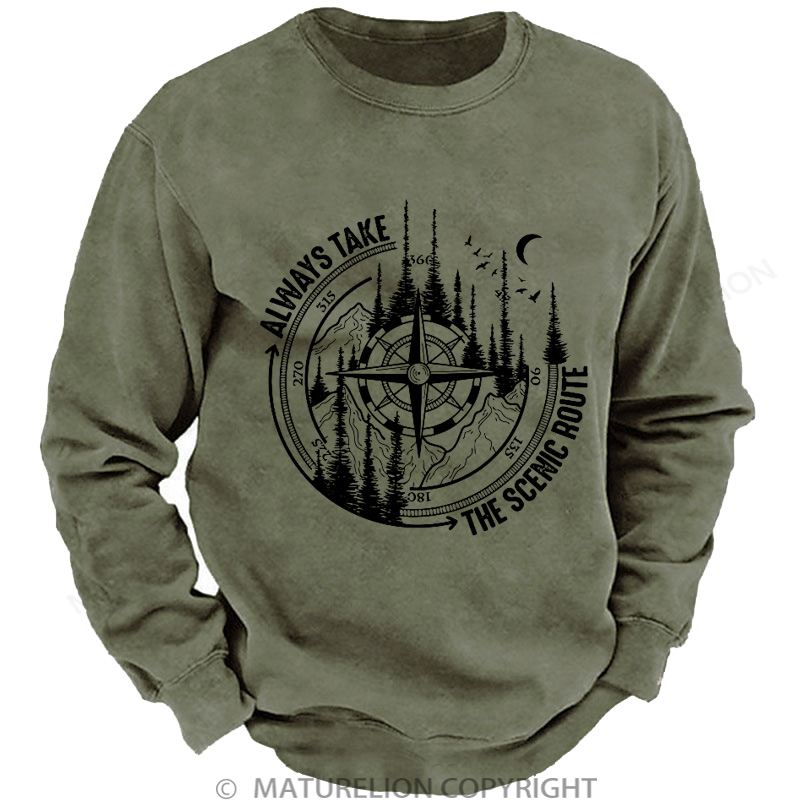 Maturelion Men's Sweatshirt Always Take The Scenic Route Washed Sweatshirts