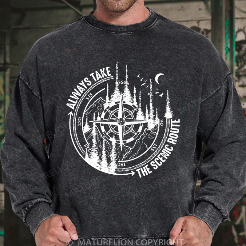 Maturelion Men's Sweatshirt Always Take The Scenic Route Washed Sweatshirts