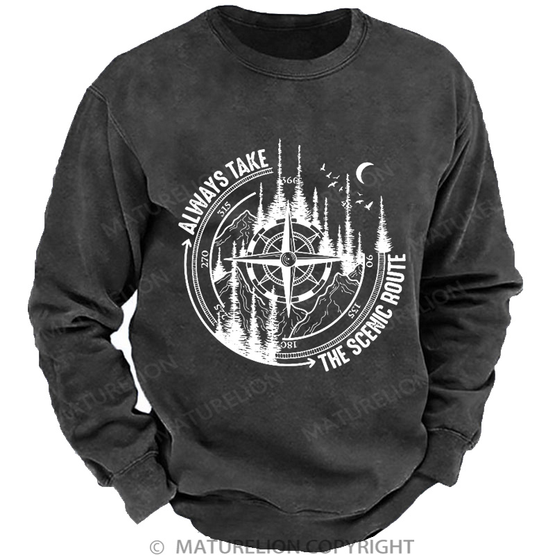 Maturelion Men's Sweatshirt Always Take The Scenic Route Washed Sweatshirts
