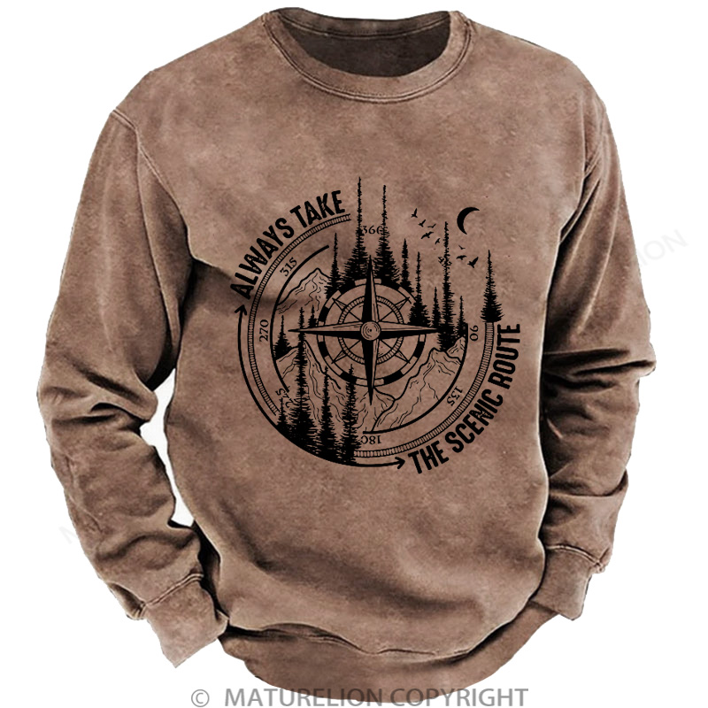 Maturelion Men's Sweatshirt Always Take The Scenic Route Washed Sweatshirts