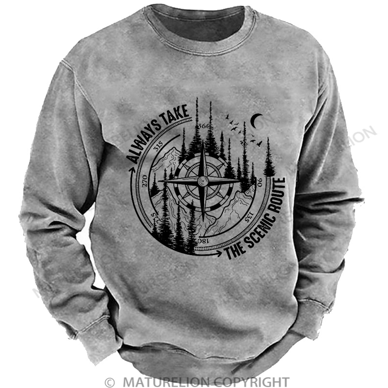 Maturelion Men's Sweatshirt Always Take The Scenic Route Washed Sweatshirts