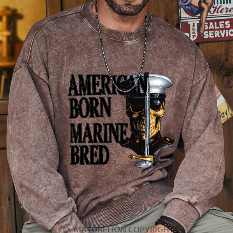 Maturelion Men's Sweatshirt American Born Marine Bred Washed Sweatshirts