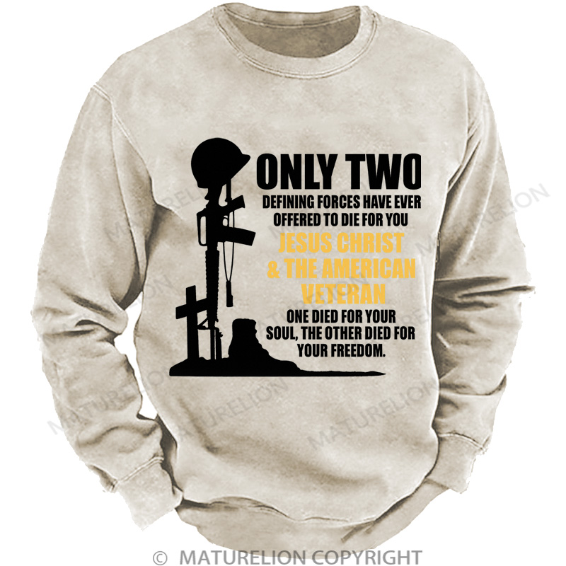Maturelion Men's Sweatshirt Only Two Defining Forces Have Ever Offered To Die For You Jesus Christ And The American Veteran Washed Sweatshirts