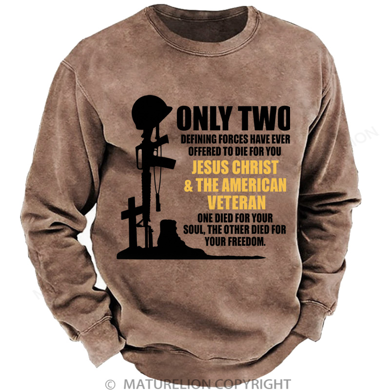 Maturelion Men's Sweatshirt Only Two Defining Forces Have Ever Offered To Die For You Jesus Christ And The American Veteran Washed Sweatshirts