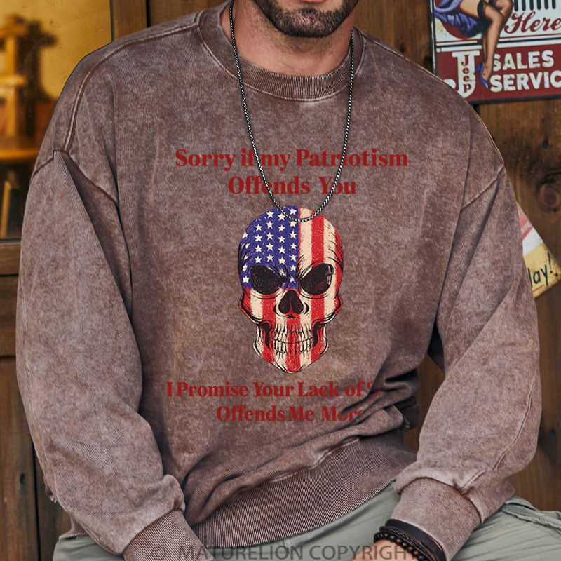 Maturelion Men's Sweatshirt Patriotic Skull Washed Sweatshirts