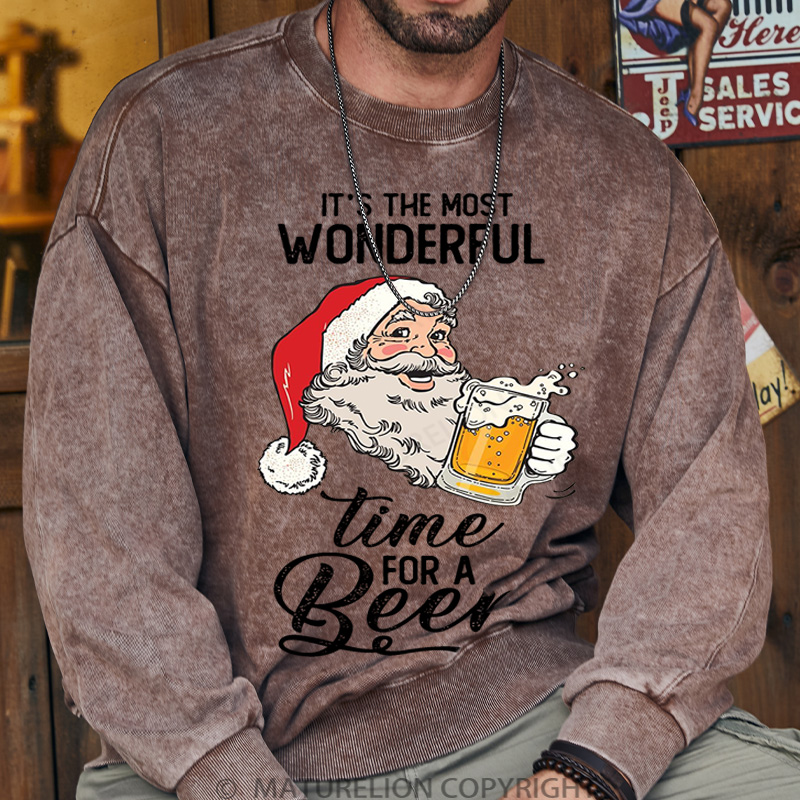 Maturelion Christmas Sweatshirt It's The Most Wonderful Time For A Beer DTG Washed Sweatshirt