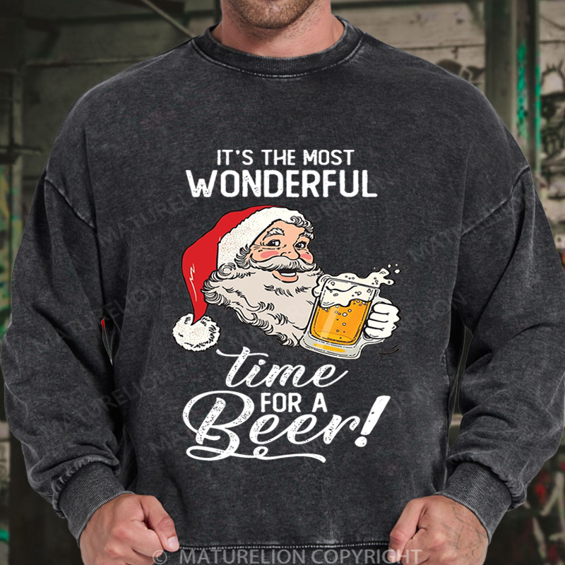 Maturelion Christmas Sweatshirt It's The Most Wonderful Time For A Beer DTG Washed Sweatshirt