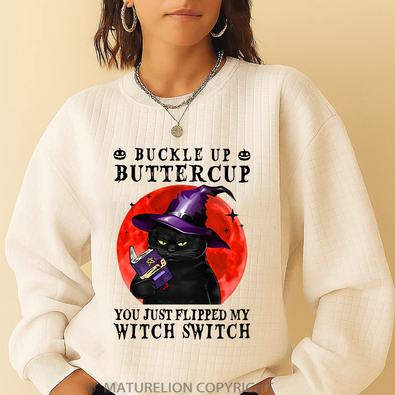 Maturelion Men's Sweatshirt Halloween Witch Cat Buckle Up Buttercup You Just Flipped My Witch Switch Waffle Knit Sweatshirt