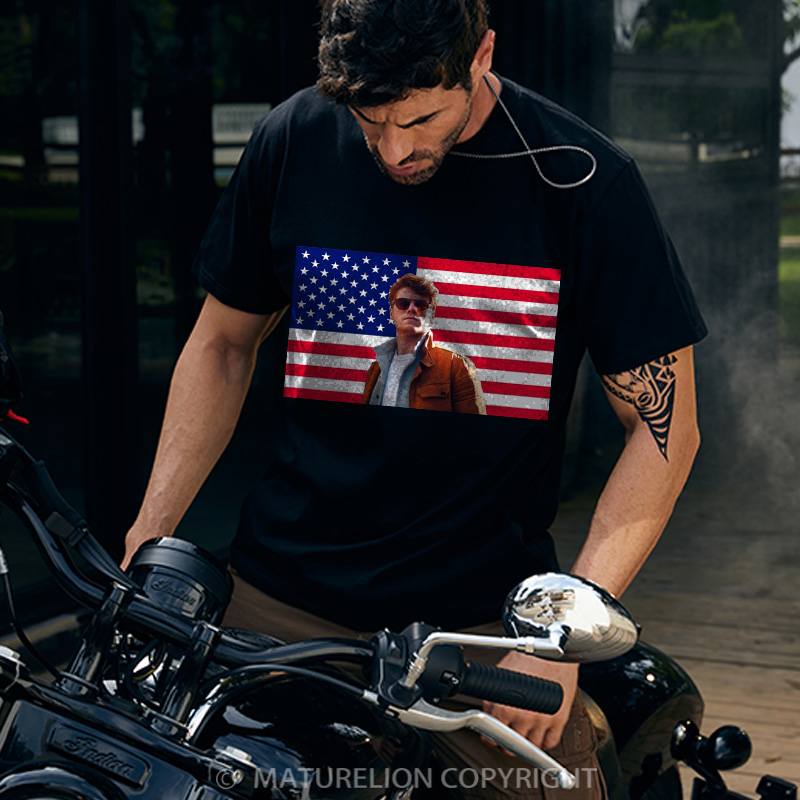 Maturelion Men's T-Shirt Custom Photo American Flag Cotton T-Shirt