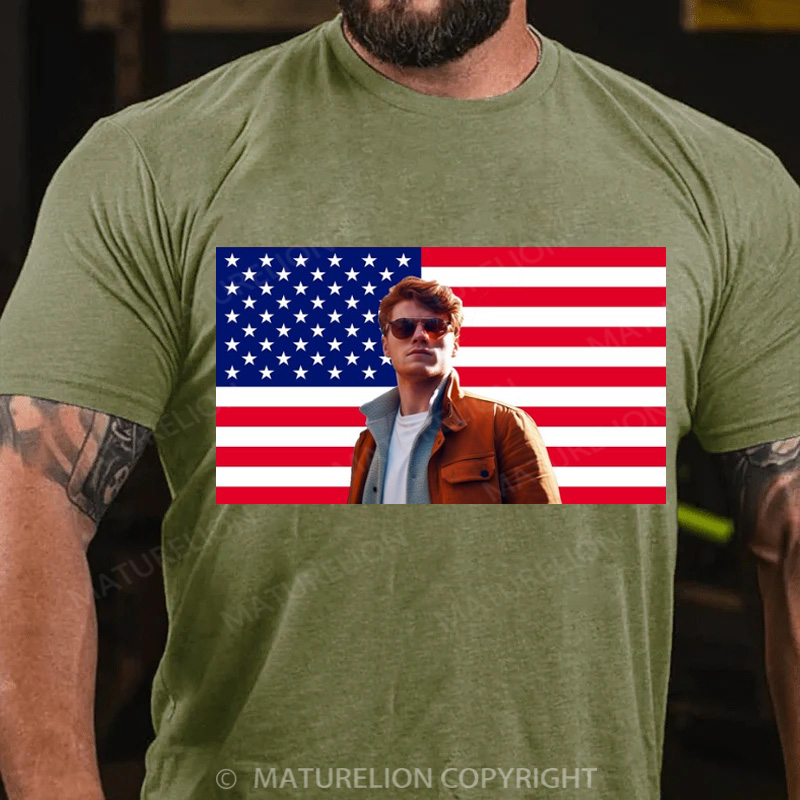 Maturelion Men's T-Shirt Custom Photo American Flag Cotton T-Shirt