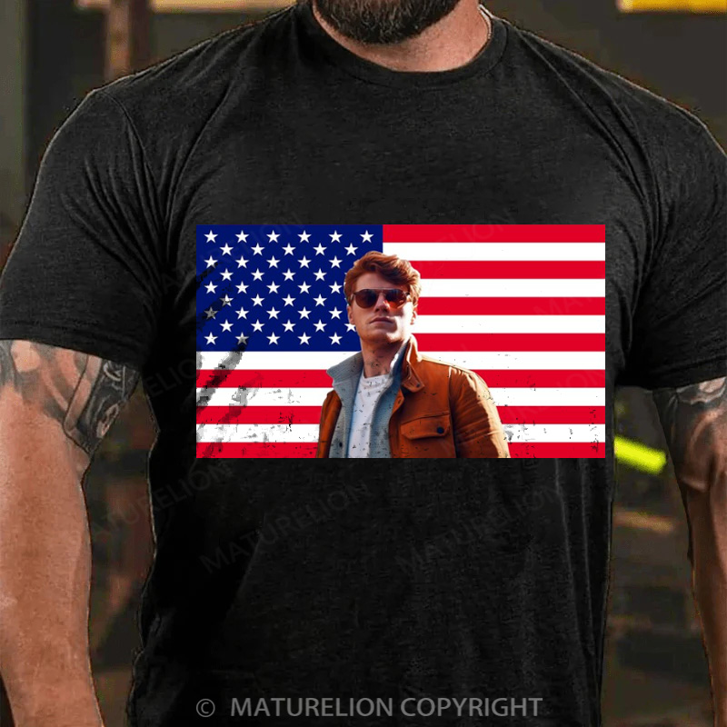 Maturelion Men's T-Shirt Custom Photo American Flag Cotton T-Shirt