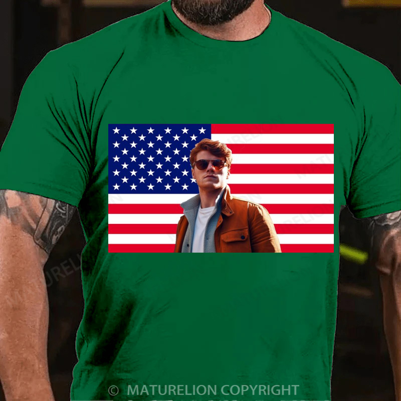 Maturelion Men's T-Shirt Custom Photo American Flag Cotton T-Shirt