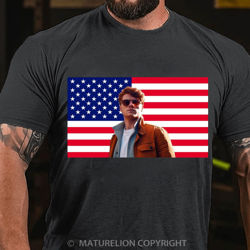Maturelion Men's T-Shirt Custom Photo American Flag Cotton T-Shirt