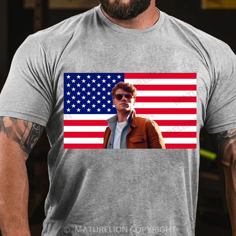 Maturelion Men's T-Shirt Custom Photo American Flag Cotton T-Shirt