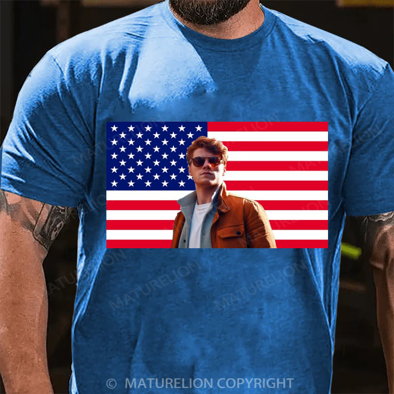 Maturelion Men's T-Shirt Custom Photo American Flag Cotton T-Shirt