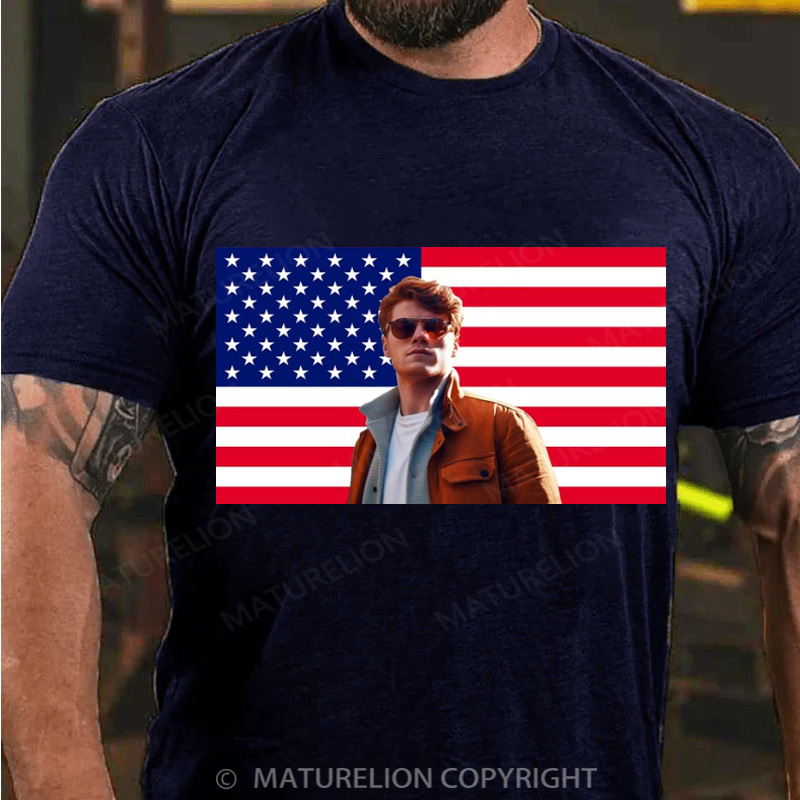 Maturelion Men's T-Shirt Custom Photo American Flag Cotton T-Shirt