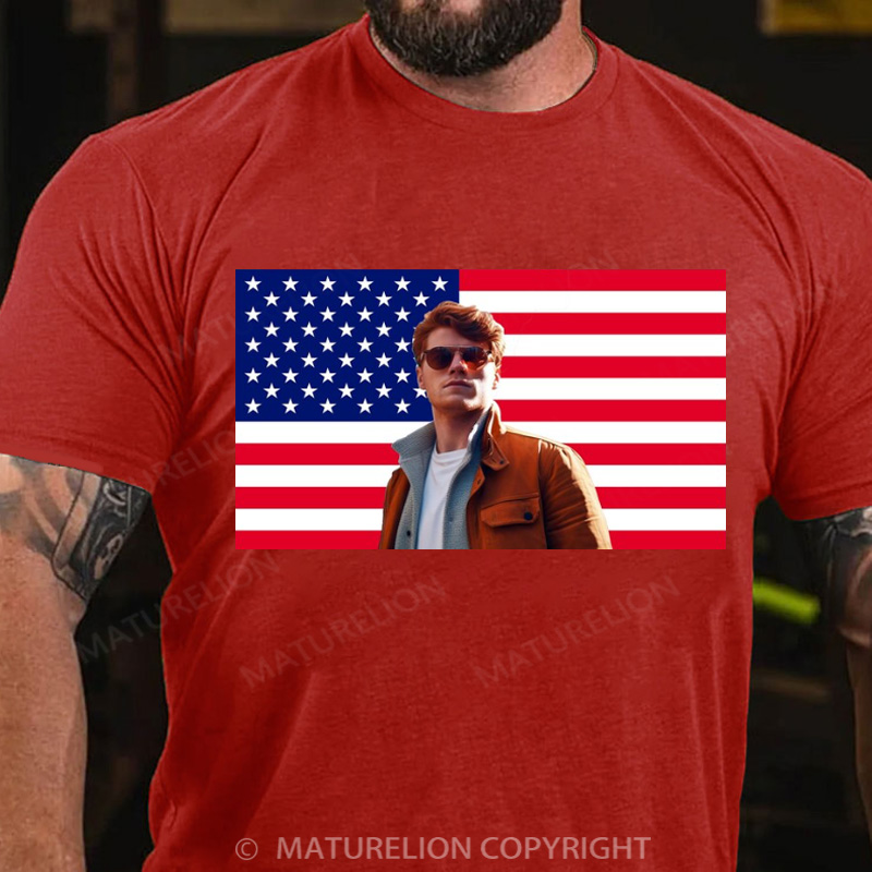 Maturelion Men's T-Shirt Custom Photo American Flag Cotton T-Shirt