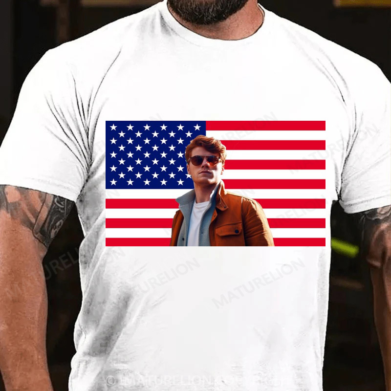 Maturelion Men's T-Shirt Custom Photo American Flag Cotton T-Shirt