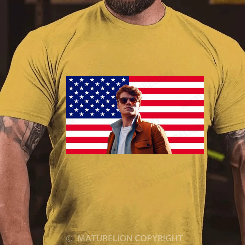 Maturelion Men's T-Shirt Custom Photo American Flag Cotton T-Shirt