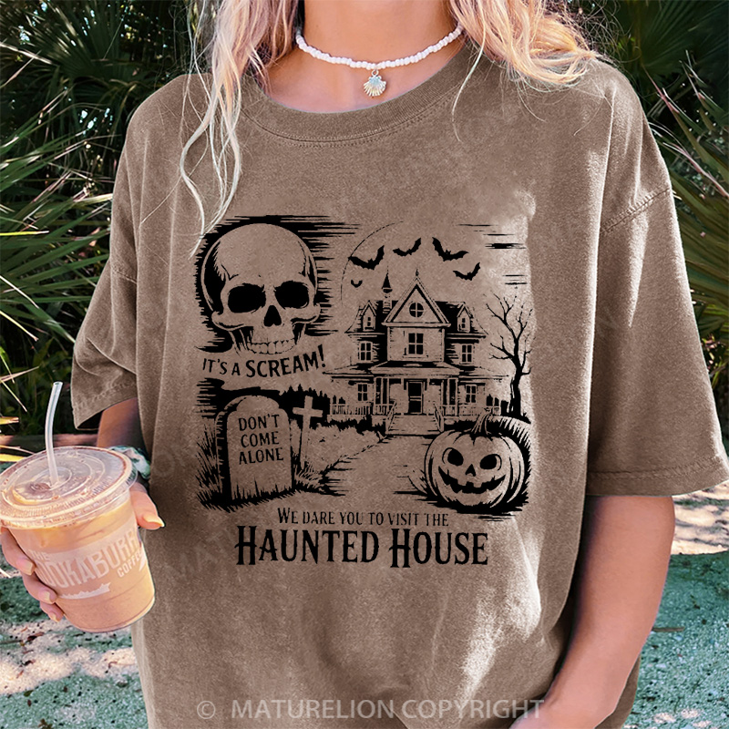 Maturelion Women's T-shirt Haunted House DTG Washed T-shirt
