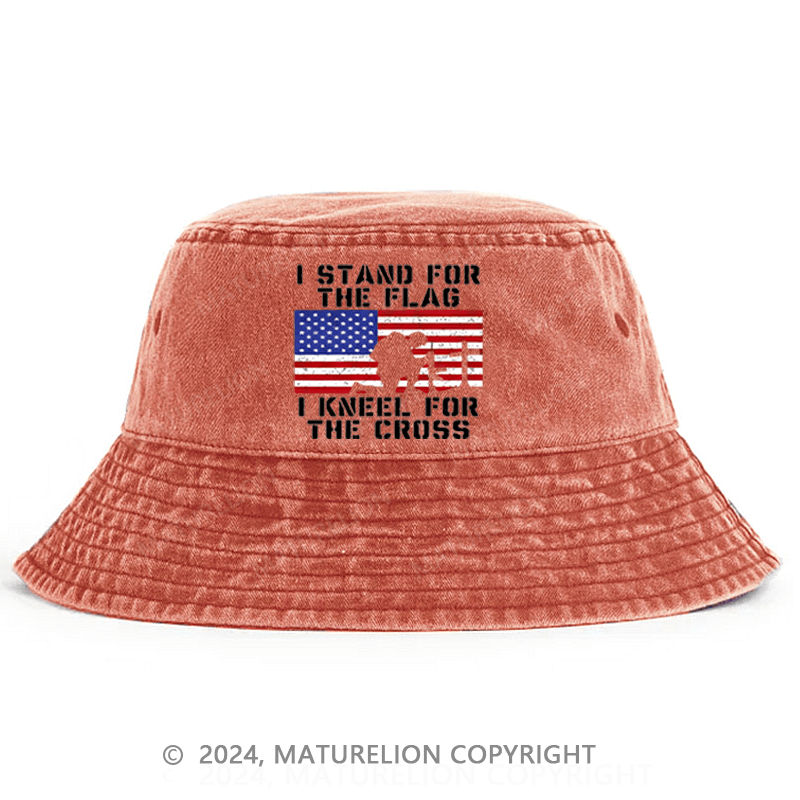 Matureolion I Stand For The Flag I Kneel For The Cross USA Flag Print Bucket Hat