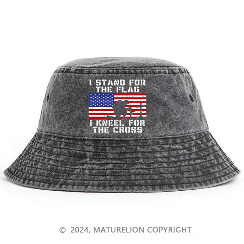 Matureolion I Stand For The Flag I Kneel For The Cross USA Flag Print Bucket Hat Sale-Maturelion