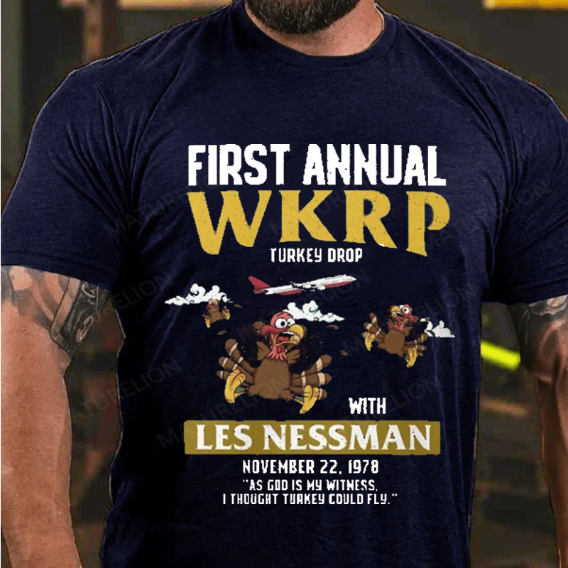 Maturelion Men's T-Shirt First Annual WKRP Turkey Drop in Cincinnati Thanksgiving Cotton T-Shirt
