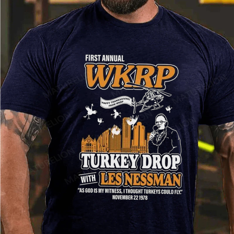 Maturelion Men's T-Shirt First Annual Wkrp Turkey Drop Thanksgiving Cotton T-Shirt