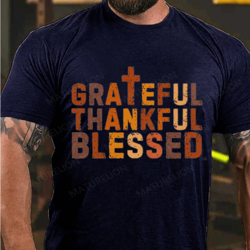 Maturelion Men's T-Shirt Grateful Thankful Blessed Cotton T-Shirt