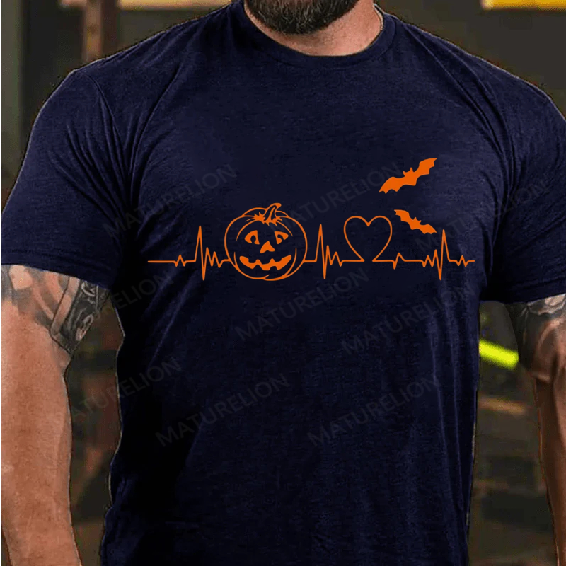 Maturelion Men's T-Shirt Halloween Pumpkin Heartbeat Fall Spooky Season Thanksgiving Cotton T-Shirt