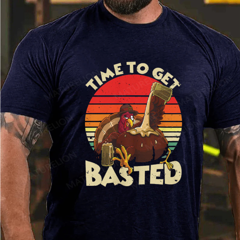 Maturelion Men's T-Shirt Turkey Day Time To Get Basted Retro Happy Thanksgiving Cotton T-Shirt