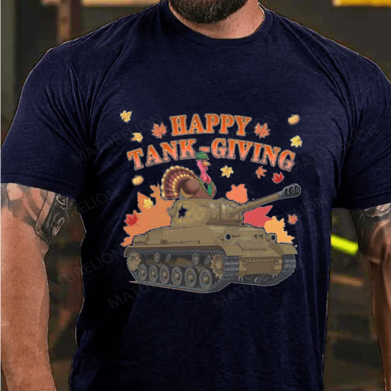 Maturelion Men's T-Shirt Happy Tank-Giving Veteran Gift Patriotic Thanksgiving Humor for Army Fans Turkey Day Cotton T-Shirt