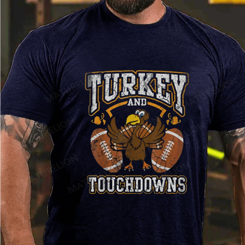 Maturelion Men's T-Shirt Turkey And Touchdowns Thanksgiving Cotton T-Shirt